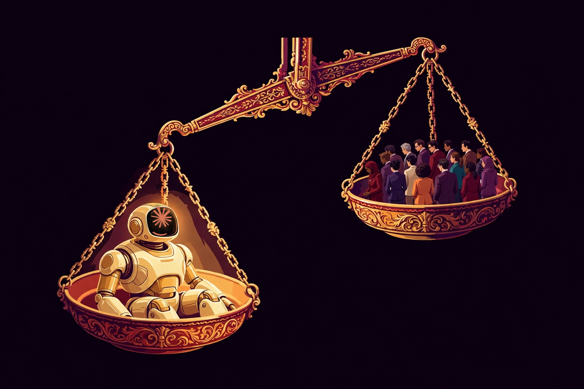 A small golden robot with the Anthropic logo on its black face screen outweighs a diverse crowd of businesspeople on an antique balance scale